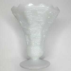 Vintage MILK GLASS Vase Footed Octagon Flared Top Raised Grapevine Pattern